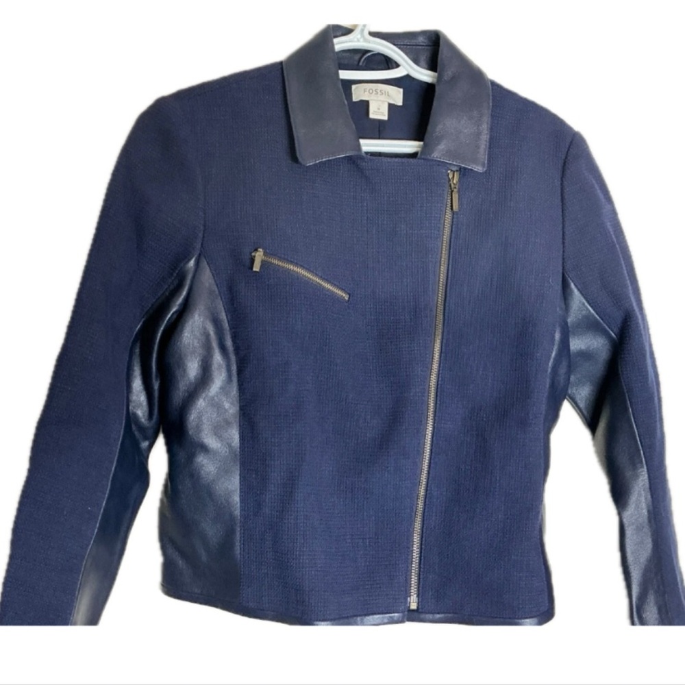 Fossil Vintage Navy Leather & Woven Knit Asymmetrical Full Zip Moto Jacket